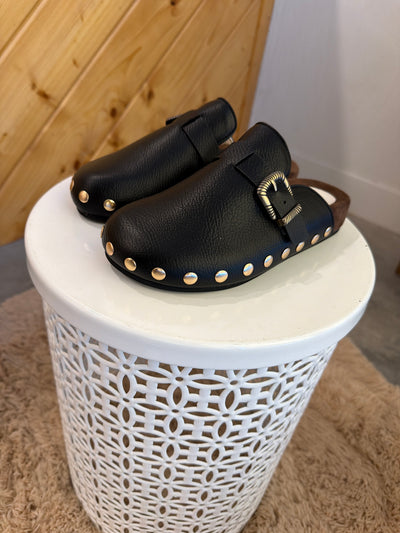 Black Studded Buckle Clog